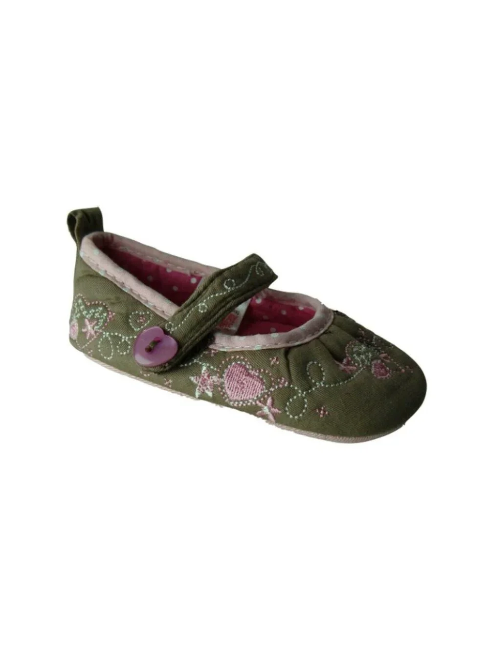 Infant Girls Mary Jane Shoes Size 1 Embroidered Pink & Green Floral Design With